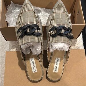 Steve Madden Plaid Slip-On Mules - Black and Tan